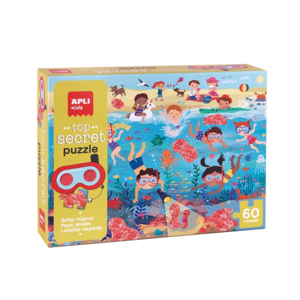 Apli Top Secret Puzzle de 60 Piezas 6x6cm - Tematica Playa - Usa las Gafas para Descubrir Zonas Secretas - Poster para Facilitar