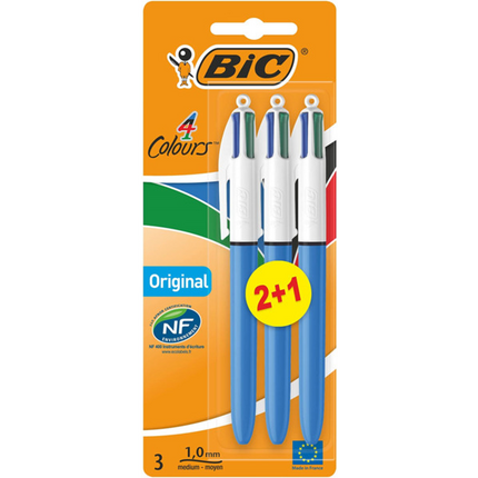 Bic 4 Colours Original Pack de 3 Boligrafos de Bola Retractil - Punta Media de 1.0mm - Tinta con Base de Aceite - Cuerpo Azul/Blanco - 4 Colores