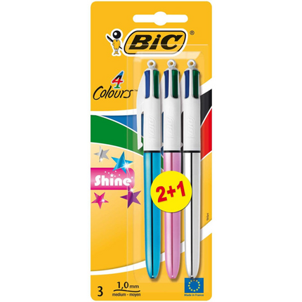 Bic 4 Colours Shine 2+1 Pack de 3 Boligrafos de Bola Retractil - Punta Media de 1.0mm - Tinta con Base de Aceite - Cuerpo de Colores Metalicos Surtidos - 4 Colores
