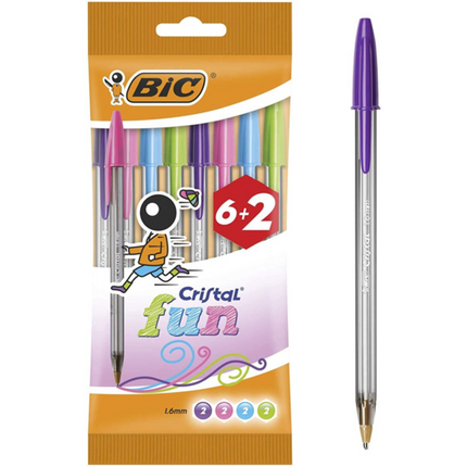 Bic Cristal Fun 6+2 Pack de 8 Boligrafos de Bola - Punta Redonda de 1.6mm - Trazo 0.42mm - Tinta con Base de Aceite - Colores Surtidos