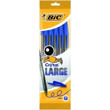 Bic Cristal Large Pack de 5 Boligrafos de Bola - Punta Redonda de 1.6mm - Trazo 0.6mm - Tinta con Base de Aceite - Color Azul