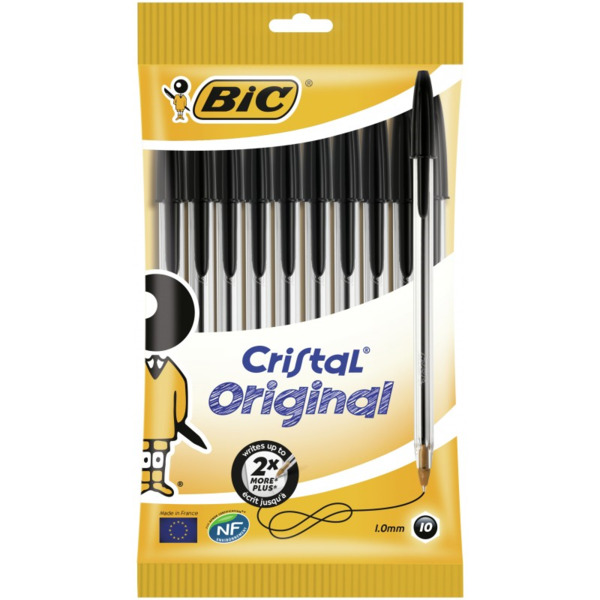 Bic Cristal Original Pack de 10 Boligrafos de Bola - Punta Redonda de 1.0mm - Trazo 0.4mm - Tinta con Base de Aceite - Color Neg