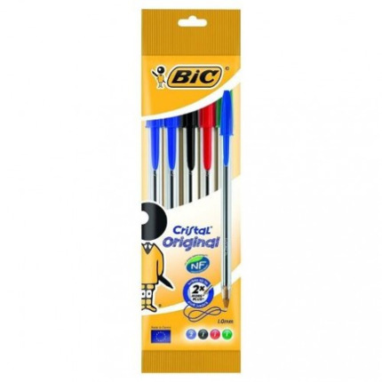 Bic Cristal Original Pack de 5 Boligrafos de Bola - Punta Redonda de 1.0mm - Trazo 0.4mm - Tinta con Base de Aceite - Colores Surtidos