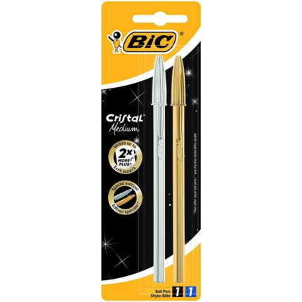 Bic Cristal Shine Pack de 2 Boligrafos de Bola - Punta Media de 1.0mm - Tinta con Base de Aceite - Cuerpo Plateado y Dorado - Color Negro