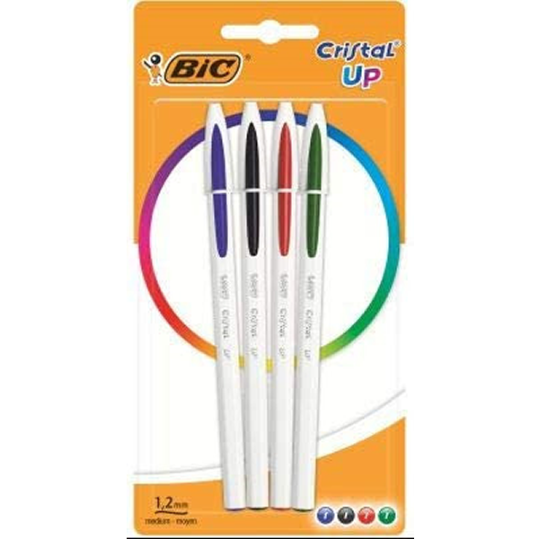 Bic Cristal Up Pack de 4 Boligrafos de Bola - Punta Redonda de 1.2mm - Trazo 0.6mm - Tinta con Base de Aceite - Cuerpo Blanco -