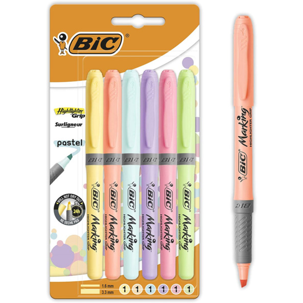 Bic Highlighter Grip Pack de 6 Marcadores Fluorescentes Pastel - Tinta con Base de Agua - Punta Biselada - Trazo entre 1.60 y 3.