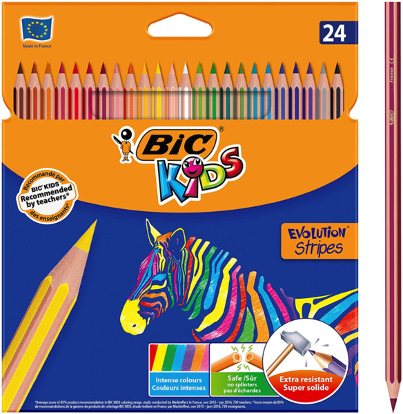 Bic Kids Evolution Stripes Caja de 24 Lapices de Colores surtidos - Fabricados en Resina - Punta Ultraresistente - Mina Pigmenta