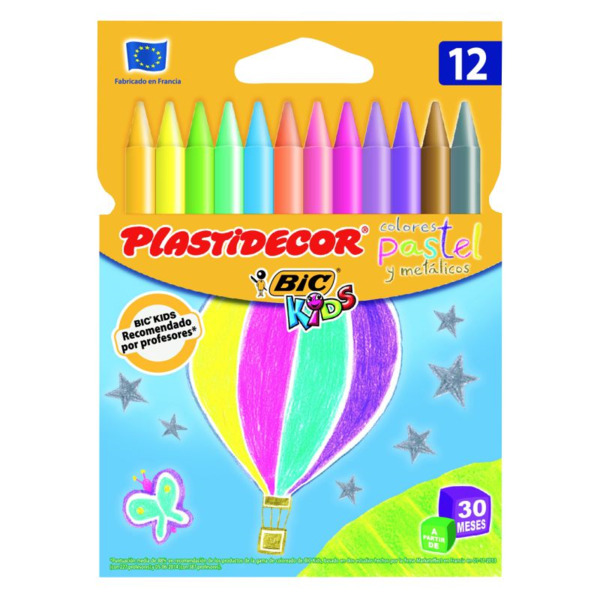 Bic Kids Plastidecor Caja de 12 Lapices de Cera - Colores Pastel y Metalicos - Extraresistentes - Facil de Sacar Punta - No Manc