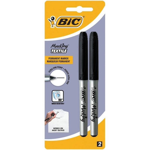 Bic Marking Textile Pack de 2 Rotuladores Permanentes para Ropa - Punta Ultrafina 0.9mm - Lavados hasta 90º - Tinta con Base de