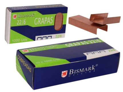 Bismark Caja de 1000 Grapas de Alambre de Alta Calidad Modelo 22/6 - Cobreadas - Color Cobre
