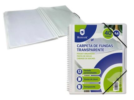 Bismark Carpeta Espiral 40 Fundas Transparente - Polipropileno - Portada Personalizable - Espiral Plastica Indeformable - Apertura 360 Grados - Gomas de Cierre