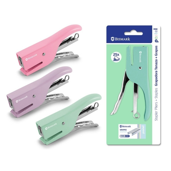 Bismark Grapadora de Tenaza + 1000 Grapas 24/6 - Capacidad de Grapado 25 Hojas - DiseÃ±o Ergonomico - Alta Durabilidad - Colores