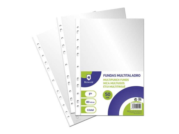 Bismark Pack de 50 Fundas Multitaladro Tamaño Folio 80 Micras - Acabado en Cristal - Ideal para Carpetas con Mecanismo de Anill
