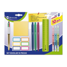 Bismark Pack Escolar con Regla Flexible 15cm, Boligrafo 4 Colores, 3 Marcadores Fluorescentes Doble Punta, Taco Notas Adhesivas