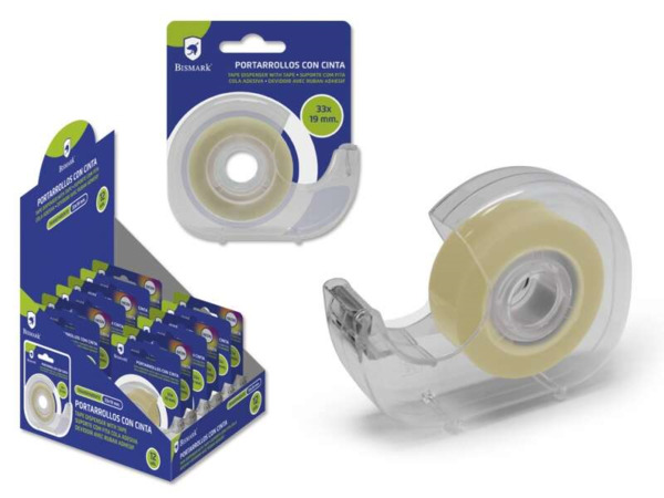 Bismark Portarrollos con Cinta Adhesiva Transparente - Cuerpo de Plastico - Incluye Cinta de 33 Metros - Ideal para Uso Escolar
