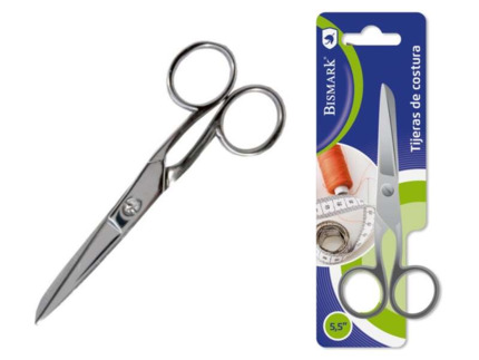 Bismark Tijera de Costura 5.5 en Acero Inoxidable - Fijacion por Tornillo - Presion Constante Entre Hojas - Presentacion en Blister - Color Plata