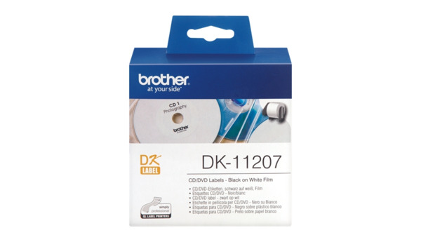 Brother DK11207 - Etiquetas Originales Precortadas Circulares para CD/DVD - 58 mm de Diametro - 100 Unidades - Texto negro sobre