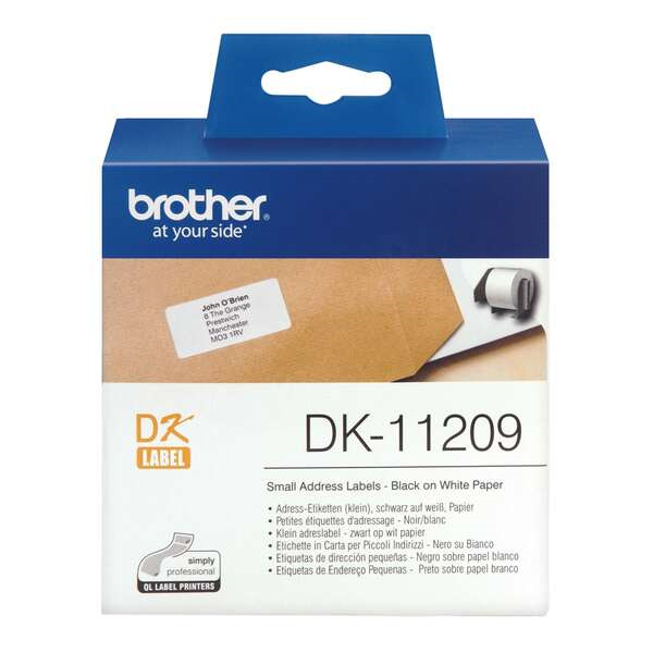 Brother DK11209 - Etiquetas Originales Precortadas de Direccion PequeÃ±as - 29x62 mm - 800 Unidades - Texto negro sobre fondo bl