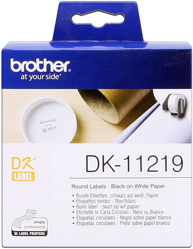Brother DK11219 - Etiquetas Originales Precortadas Circulares - 12 mm de Diametro - 1200 Unidades - Texto negro sobre fondo blan