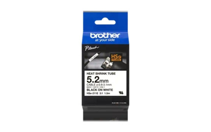 Brother HSE211E Cinta Tubo Termorretractil Original de Etiquetas para Cables - Texto negro sobre fondo blanco - Ancho 5.2mm x 1.5 metros - Cable recomendado Ø 0.8mm a 3.1mm