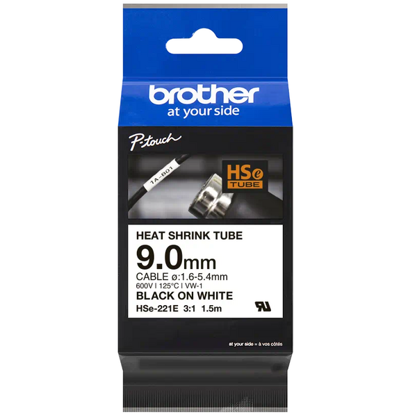 Brother HSe221E Cinta Tubo Termorretractil Original de Etiquetas para Cables - Texto negro sobre fondo blanco - Ancho 9mm x 1.5