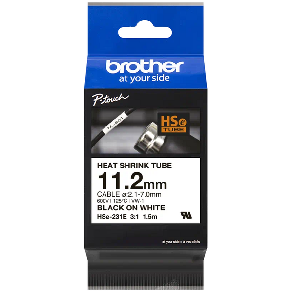 Brother HSe231E Cinta Tubo Termorretractil Original de Etiquetas para Cables - Texto negro sobre fondo blanco - Ancho 11.2mm x 1