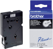 Brother TC201 Cinta Laminada Original para Rotuladora - Texto Negro sobre Fondo Blanco - Ancho 12mm x 7 metros