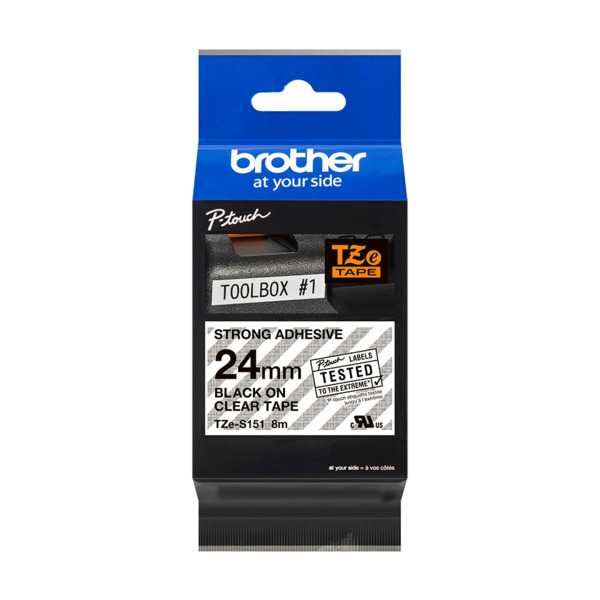 Brother TZeS151 Cinta Laminada Super Adhesiva Original de Etiquetas - Texto negro sobre fondo transparente - Ancho 24mm x 8 metr