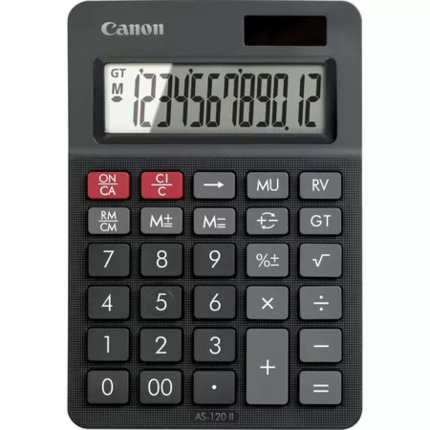 Canon AS-120 II Calculadora de Sobremesa con Pantalla LCD de 12 Digitos - Funciones de Marcacion, Inversion y Memoria de Gran Total - Alimentacion Solar y Pilas - Color Negro