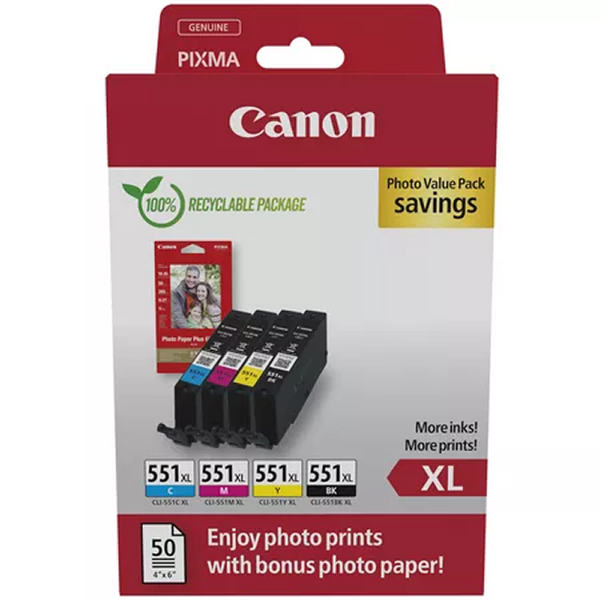 Canon CLI551XL Pack de 4 Cartuchos de Tinta Originales Negro, Magenta, Amarillo y Cyan + 50 Hojas de Papel Fotografico - 6443B00