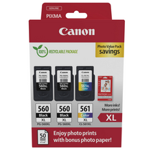 Canon PG-560XL/CL-561XL Pack de 3 Cartuchos de Tinta Originales + Papel Fotografico Brillante GP-501 - 3712C012