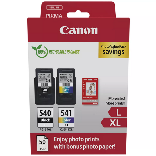 Canon PG540L Negro + CL541XL Color Pack de 2 Cartuchos de Tinta Originales - 50 Hojas de Papel Fotografico - 5224B012/5224B007/5