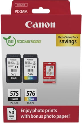 Canon PG-575/CL-576 Pack de 2 Cartuchos de Tinta Originales + 50 Hojas de Papel Fotografico - 5438C004