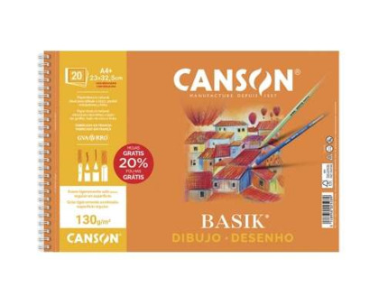 Canson Basik Bloc de Dibujo Espiral 20 Hojas A4+ 130g - Sin Recuadro - Medidas 23x32.5cm - Color Blanco