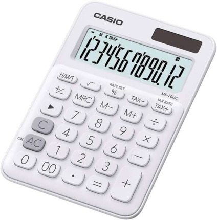 Casio MS-20UC Calculadora de Sobremesa con Pantalla de 12 Digitos - Simbolos de Comando de Funcion - Marcadores de Coma de 3 Digitos - Alimentacion Solar y Pilas - Color Blanco