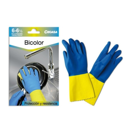 Cegasa Guantes de Latex Talla P 6-6 1/2 - Flocados - Uso General, Domestico, Limpieza, Industria Quimica - Espesor en Palma de 0,6mm - Color Azul/Amarillo