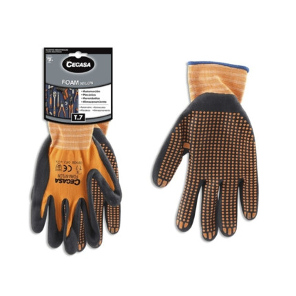 Cegasa Guantes de Trabajo Talla 7 - Fabricados en Nylon con Recubimiento de Foam con Dots de Nitrilo en Palma - Color Negro/Naranja