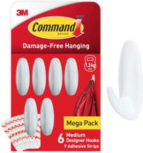 Command Pack de 6 Ganchos de DiseÃ±o Medianos - 9 Tiras Adhesivas - Soportan hasta 1.3kg - Color Blanco