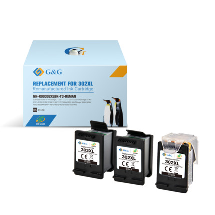 G&G HP 302XL Negro Pack de 3 Cartuchos de Tinta Remanufacturados - Eco Saver - Muestra Nivel de Tinta - Reemplaza F6U68AE/F6U66AE