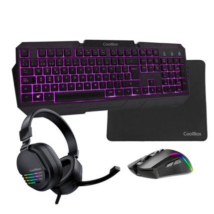 Coolbox Deep-XWING2 Kit Gaming - Teclado Retroiluminado - Raton Ergonomico - Auriculares con Microfono - Alfombrilla Antideslizante - Color Negro