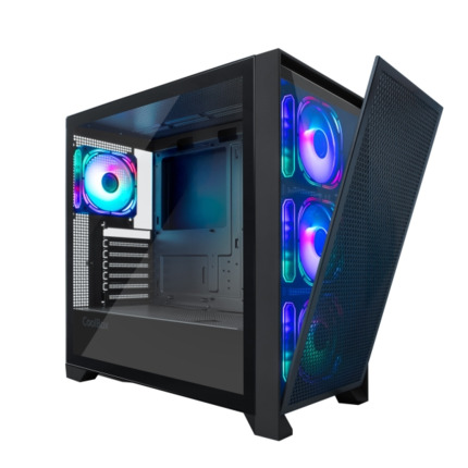 Coolbox GE2000 DualView Caja Torre ATX, Micro ATX, Mini-ITX - Frontal Doble Intercambiable - Lateral Cristal Templado - TamaÃ±o HDD 2.5", 3.5" - USB-A 3.0, USB-C y Audio - 4 Ventiladores ARGB 120mm - Soporta Refrigeracion Liquida - Color Negro