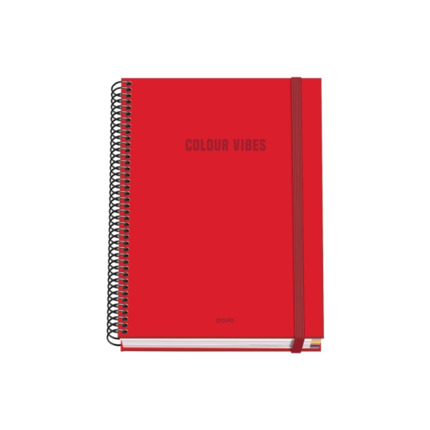 Dohe Colour Vives Cuaderno Espiral A5 100 Hojas Cuadricula 5mm - Tapa Dura Impresa a todo Color y Plastificada en Brillo - Bandas de Color - Cierre de Goma - Color Rojo