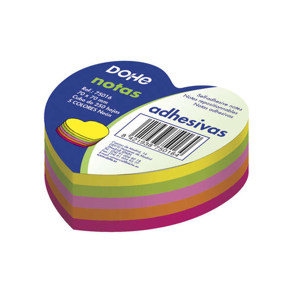 Dohe Cubo de 250 Notas Reposicionables con Forma de Corazon - TamaÃ±o 70x70mm - Papel de 75gr - Ideal para Oficina y Escuela - C