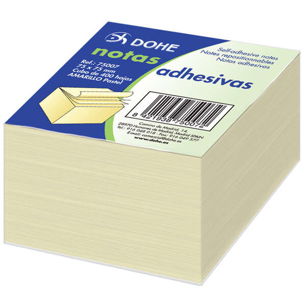 Dohe Cubo de 400 Notas Reposicionables - TamaÃ±o 75x75mm - Papel de 75gr - Ideal para Oficina y Escuela - Color Amarillo Claro
