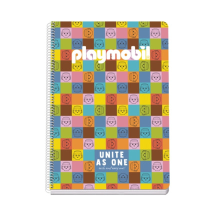 Dohe Playmobil Unite As One Cuaderno Espiral Folio 80 Hojas Cuadricula 4mm - Tapa Rigida Impresa a todo Color y Plastificada en Brillo - Guardas Impresas