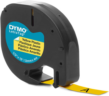 Dymo LetraTag S0721620 Cinta de Etiquetas Original para Rotuladora - Texto negro sobre fondo amarillo - Ancho 12mm x 4 metros (91202)