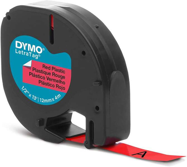 Dymo LetraTag S0721630 Cinta de Etiquetas Original para Rotuladora - Texto negro sobre fondo rojo - Ancho 12mm x 4 metros (91203