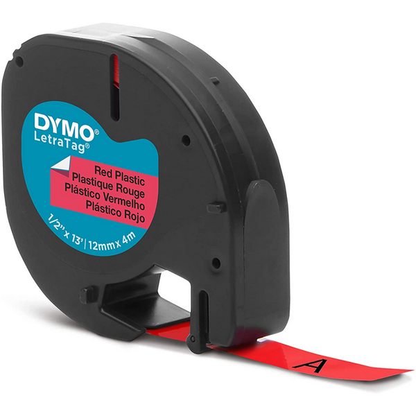Dymo LetraTag S0721630 Cinta de Etiquetas Original para Rotuladora - Texto negro sobre fondo rojo - Ancho 12mm x 4 metros (91203