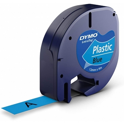 Dymo LetraTag S0721650 Cinta de Etiquetas Generica para Rotuladora - Texto negro sobre fondo azul - Ancho 12mm x 4 metros (91205)