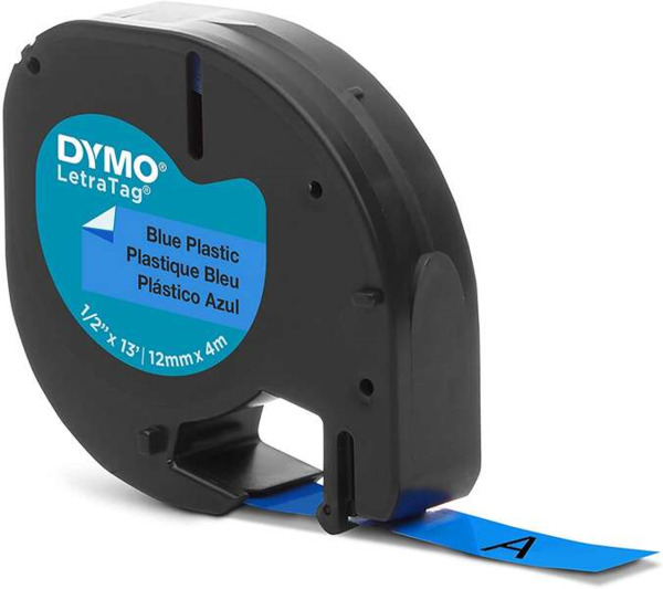 Dymo LetraTag S0721650 Cinta de Etiquetas Original para Rotuladora - Texto negro sobre fondo azul - Ancho 12mm x 4 metros (91205